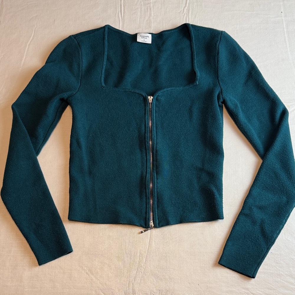 Abercrombie & Fitch Teal Ribbed Square Neck Knit Sweater Crop Front Zip Size S